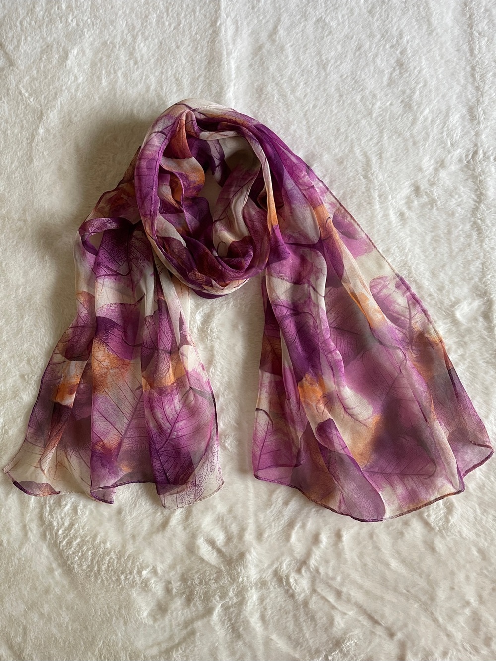 Lightweight Purple Leaf Print Chiffon Scarf. SZ 19” X 60”